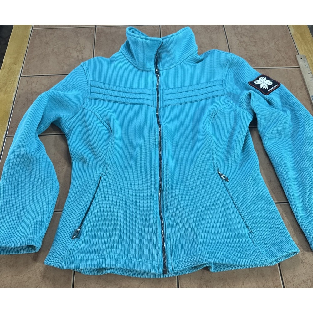 Women's Spyder Core Blue Ribbed Full‎ Zip Sweater Jacket Sz Large Fleece Lined